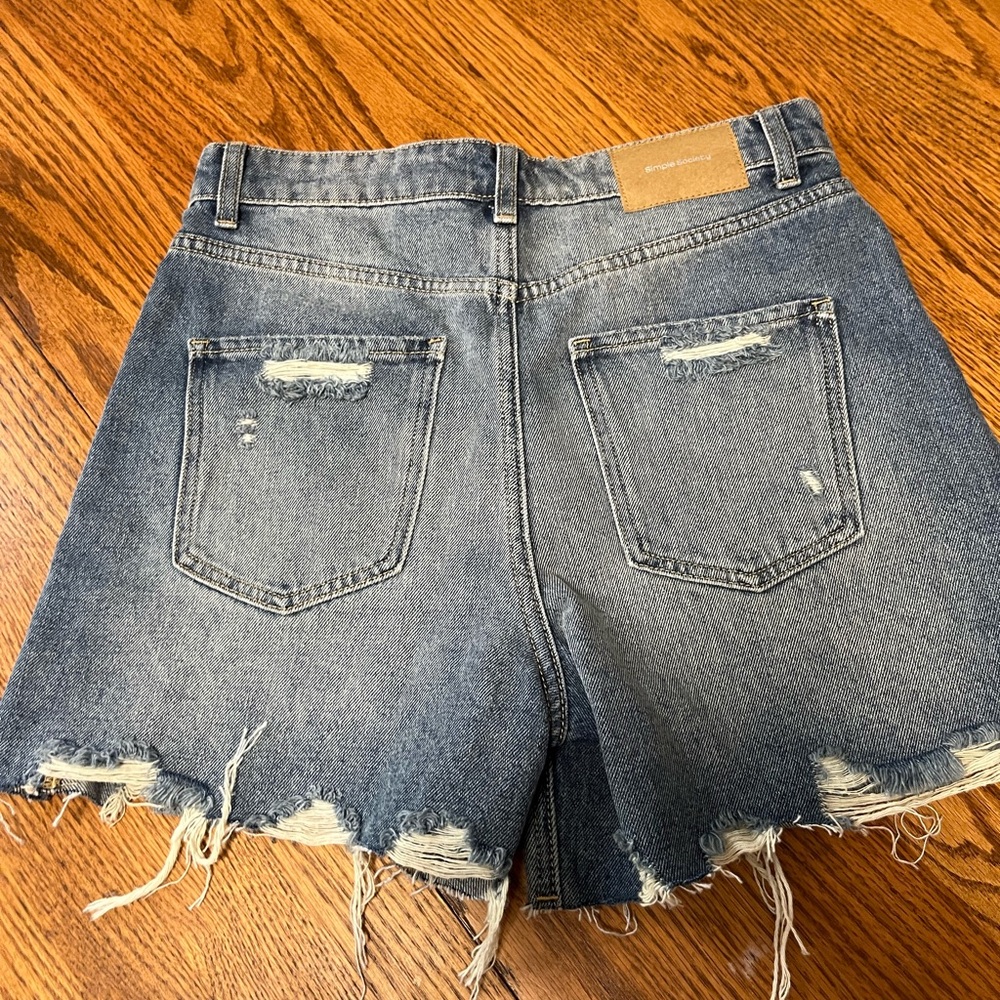 Blue Distressed Jean Shorts with Frayed Hem - Picture 1 of 4